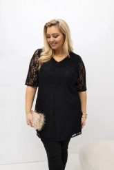 Czarna tunika wizytowa Larise z eleganckiej koronki PLUS SIZE XXL OVERSIZE WIOSNA. Czarne tuniki Moda Size Plus Iwanek, do pracy, na wiosnę, plus size, bez wzorów, z elastanu, biznesowe, bez kołnierzyka, plus size, bez ramiączek. Za 199.90 zł.