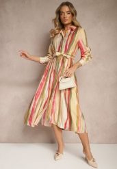 Beżowa Sukienka Koszulowa Wiązana w Talii w Paseczki Merilsa. Brązowe sukienki Renee, na co dzień, l, bez wzorów, eleganckie, bez kołnierzyka, bez ramiączek, maxi, koszulowe. Za 109.99 zł.