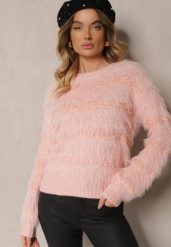 Jasnoróżowy Sweter z Wełną Ozdobiony Ściągaczami i Długim Włosiem Sialora. Czerwone swetry Renee, na jesień, bez wzorów, z jeansu, bez ramiączek. Za 54.99 zł.