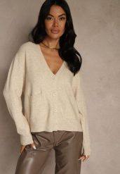 Beżowy Kardigan na Guziki z Domieszką Kaszmiru Vetiella. Brązowe kardigany Renee, bez wzorów, z jeansu. Za 99.99 zł.