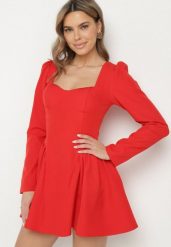 Czerwona Koktajlowa Sukienka o Rozkloszowanym Kroju z Falbankami i Gorsetem Farian. Czerwone sukienki Born2be, na spotkanie biznesowe, l, bez wzorów, eleganckie, bez kołnierzyka, bez ramiączek, mini, gorsetowe. Za 129.99 zł.