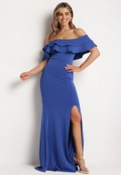 Granatowa Elegancka Sukienka Typu Hiszpanka z Rozkloszowanym Dołem i Wycięciami Tumini. Niebieskie sukienki Born2be, na lato, l, bez wzorów, z dzianiny, eleganckie, bez kołnierzyka, bez ramiączek, maxi, rozkloszowane. Za 169.99 zł.