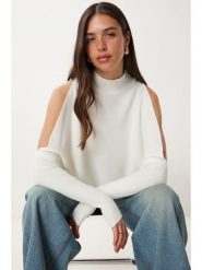 Happiness Istanbul Sweter w kolorze kremowym rozmiar: onesize. Brązowe swetry Happiness Istanbul, bez wzorów, bez ramiączek. Za 83.62 zł.