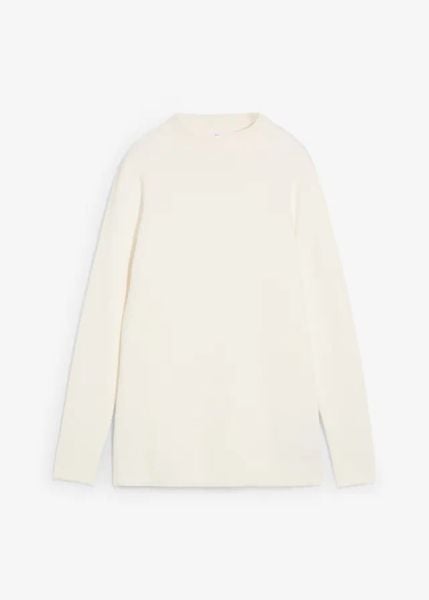Sweter ze stójką. Białe swetry bonprix, bez wzorów, z bawełny, bez ramiączek. Za 109.99 zł.