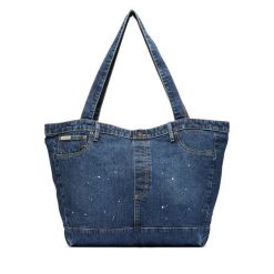 Torebka Guess Jeans. Niebieskie shopper Guess Jeans, z aplikacjami, z jeansu, bez dodatków. Za 299.99 zł.