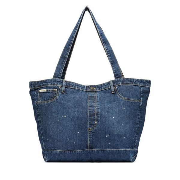 Torebka Guess Jeans. Niebieskie shopper Guess Jeans, z aplikacjami, z jeansu, bez dodatków. Za 299.99 zł.