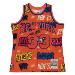 Koszulka z naklejką New York Knicks Swingman 1991/92. Brązowe bluzki Mitchell & Ness, bez wzorów, sportowe, bez kołnierzyka, bez ramiączek. Za 632.50 zł.