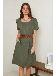 Rodier Lin Lniana sukienka w kolorze oliwkowym rozmiar: L/XL. Brązowe sukienki Rodier Lin, na co dzień, l, bez wzorów, ze lnu, bez kołnierzyka, bez ramiączek, midi, proste. Za 136.45 zł.