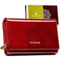 Skórzany, lakierowany portfel damski w czerwonym kolorze, wyposażony w kieszeń zewnętrzną - Peterson. Czerwone portfele Peterson, bez wzorów, z lakierowanej skóry. Za 154.99 zł.