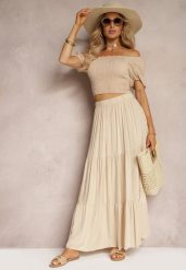 Beżowa Wiskozowa Spódnica High Waist z Gumką w Talii i Falbanką Christiara. Brązowe spódnice Renee, na lato, bez wzorów, z materiału, maxi. Za 39.99 zł.