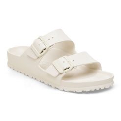 Klapki damskie Birkenstock Arizona Essentials EVA Eggshell. Białe klapki Birkenstock, bez wzorów, bez obcasa. Za 189.99 zł.