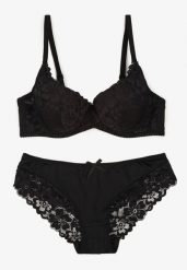 Czarny Koronkowy Komplet Majtki Figi i Biustonosz Eziselle. Czarne figi Renee, bez wzorów, z jeansu. Za 39.99 zł.