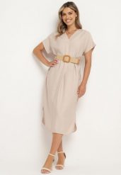 Jasnobeżowa Wiskozowa Sukienka z Paskiem Ozdobionym Plecionką i Klamrą Mlevena. Brązowe sukienki Born2be, plus size, bez wzorów, z wiskozy, eleganckie, bez kołnierzyka, plus size, bez ramiączek, midi. Za 84.99 zł.