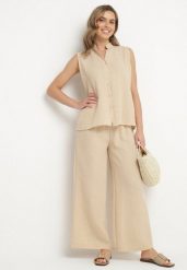 Beżowy Komplet Koszula bez Rękawów i Szerokie Spodnie z Gumką w Pasie Telanwena. Brązowe koszule Born2be, xl, bez wzorów, eleganckie, bez kołnierzyka, bez ramiączek. Za 84.99 zł.