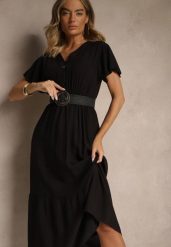Czarna Rozkloszowana Sukienka z Bawełny Zdobiona Guzikami Folennea. Czarne sukienki Renee, na co dzień, l, z aplikacjami, z bawełny, eleganckie, bez kołnierzyka, bez ramiączek, midi, rozkloszowane. Za 49.99 zł.