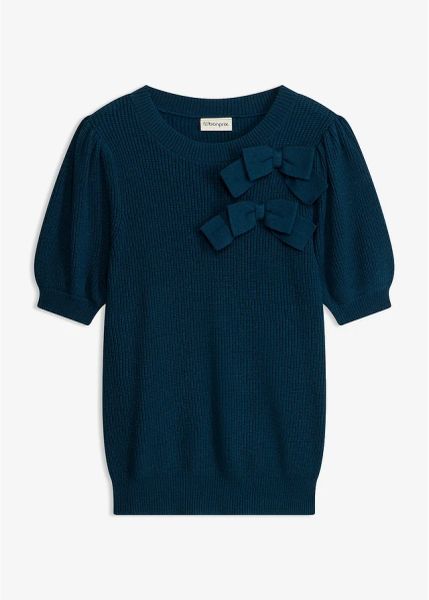 Sweter z aplikacją w kształcie kokardy. Czerwone swetry bonprix, z aplikacjami, bez ramiączek. Za 109.99 zł.