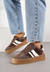 Brązowe Sneakersy Typu Kultowe Tenisówki na Niskiej Platformie Tulafia. Brązowe obuwie sportowe Renee, bez zapięcia, tenisowe. Za 99.99 zł.