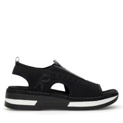 Sandały Rieker. Czarne sandały Rieker, bez wzorów, bez obcasa, na koturnie, bez zapięcia. Za 319.99 zł.