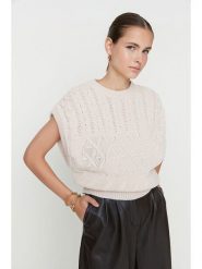 Trendyol Bezrękawnik w kolorze kremowym rozmiar: L. Brązowe swetry Trendyol, l, bez wzorów, ze splotem, bez ramiączek. Za 36.94 zł.