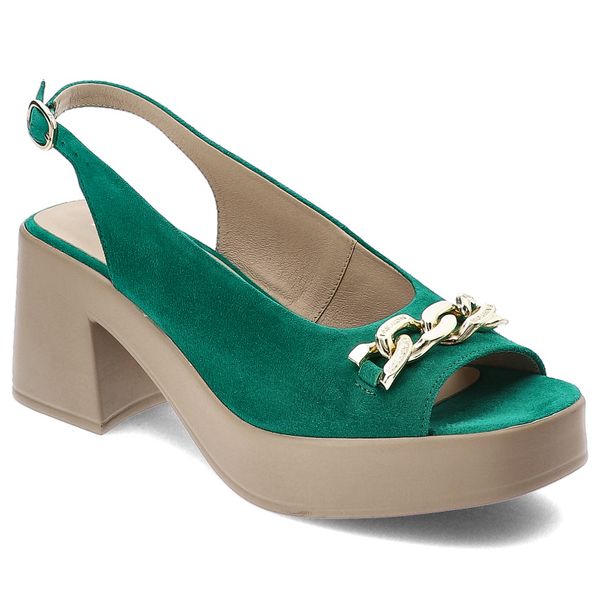 Zielone Sandały Karino Eleganckie Buty Damskie. Zielone sandały Karino, z aplikacjami, z weluru, eleganckie, bez obcasa, na obcasie, bez zapięcia. Za 339.00 zł.