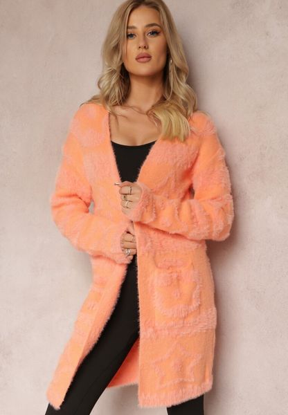 Pomarańczowy Długi Kardigan Puszysty Aborra. Brązowe kardigany Renee, bez wzorów, z dzianiny. Za 89.99 zł.