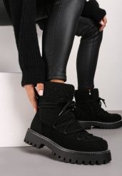 Czarne Śniegowce na Grubej Podeszwie z Cyrkoniami i Futerkową Wstawką Rianaella. Czarne trapery i śniegowce Born2be. Za 119.99 zł.