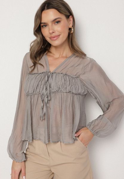 Szara Transparentna Bluzka z Wiskozą i Wiązaniem Zarestra. Szare bluzki Born2be, bez wzorów, z jeansu, bez kołnierzyka, bez ramiączek. Za 109.99 zł.