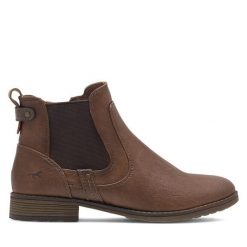 Botki Mustang. Brązowe botki Mustang, bez wzorów, bez obcasa, na płaskiej podeszwie, bez zapięcia. Za 299.99 zł.