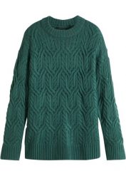 Sweter z okrągłym dekoltem i wzorem w warkocze. Zielone swetry bonprix, bez wzorów, bez ramiączek. Za 109.99 zł.