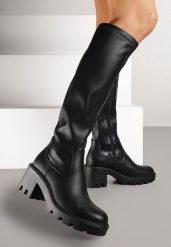 Czarne Kozaki na Słupkowym Obcasie z Przylegającą Cholewką Vemariel. Czarne kozaki Renee, na jesień, z jeansu, bez obcasa, na obcasie, bez zapięcia. Za 229.99 zł.