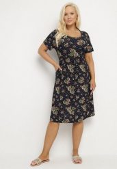 Granatowo-Beżowa Rozkloszowana Sukienka w Kwiatowy Wzór Lumilisse. Niebieskie sukienki Born2be, na co dzień, xl, bez wzorów, eleganckie, bez kołnierzyka, bez ramiączek, midi, rozkloszowane. Za 54.99 zł.