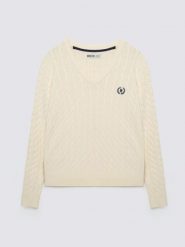 Sweter damski ze splotem warkoczowym z dekoltem v-neck biały Nisa 100. Białe swetry Big Star, l, bez wzorów, z bawełny, bez ramiączek. Za 199.99 zł.