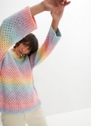 Sweter w cieniowanym kolorze. Czerwone swetry bonprix, w ażurowe wzory, bez ramiączek. Za 99.99 zł.