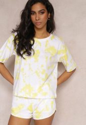 Żółte Szorty z Gumką w Pasie ze Wzorem Tie Dye Nurici. Żółte szorty Renee, bez wzorów. Za 29.99 zł.