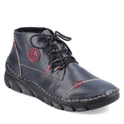 Trzewiki Rieker. Niebieskie botki Rieker, bez wzorów, bez obcasa, na płaskiej podeszwie, bez zapięcia. Za 230.99 zł.