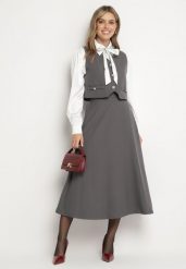 Szary Garniturowy Komplet 3-Częściowy Koszula z Wiązaniem Spódnica i Kamizelka na Guziki Avalune. Szare koszule Born2be, l, bez wzorów, klasyczne, bez kołnierzyka, bez ramiączek. Za 229.99 zł.