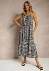 Czarna Sukienka z Bawełny Ozdobiona Geometrycznym Motywem Nilavionea. Czarne sukienki Renee, na spotkanie biznesowe, na lato, l, z aplikacjami, z bawełny, eleganckie, bez kołnierzyka, bez ramiączek, midi. Za 39.99 zł.