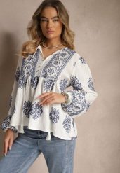 Biała Wiskozowa Bluzka w Stylu Boho z Falbanką Zdobiona Haftem i Wiązaniem Aerraza. Białe bluzki Renee, m, z aplikacjami, z jeansu, boho, bez kołnierzyka, bez ramiączek. W wyprzedaży za 97.99 zł.