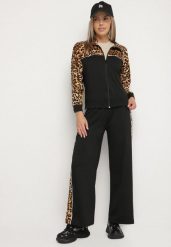 Czarny Komplet Dresowy Bluza ze Stójką i Szerokie Spodnie w Panterkę Savorre. Czarne bluzy Born2be, l, bez wzorów, z dresówki, bez kaptura. Za 79.99 zł.