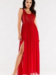 Sukienka Model A486 Red - awama. Czerwone sukienki Awama, na wesele, l, z aplikacjami, z elastanu, eleganckie, bez kołnierzyka, plus size, bez ramiączek, maxi. Za 610.80 zł.