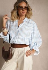 Niebieska Koszula z Bawełny z Dekoltem w Serek Zdobiona Kwiatowym Wzorem Mailisse. Niebieskie koszule Renee, z aplikacjami, z bawełny, eleganckie, bez kołnierzyka, bez ramiączek. Za 99.99 zł.