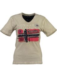 Geographical Norway Koszulka "Jinny" w kolorze beżowym rozmiar: XXL. Brązowe bluzki Geographical Norway, xxl, bez wzorów, z bawełny, bez kołnierzyka, bez ramiączek. Za 35.18 zł.
