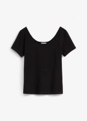 T-shirt z głębokim dekoltem z tyłu. Czarne t-shirty bonprix, bez wzorów, bez kołnierzyka, bez ramiączek. Za 64.99 zł.