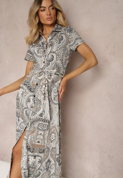 Czarno-Biała Rozkloszowana Sukienka z Materiałowym Paskiem Zapinana na Guziki Honlea. Czarne sukienki Renee, na lato, l, bez wzorów, z materiału, bez kołnierzyka, bez ramiączek, maxi, rozkloszowane. Za 159.99 zł.