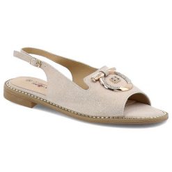 Sandały damskie S. Barski, ze sprzączką eleganckie ze skóry ekologicznej z ozdobą, różowe, KV51-043. Czerwone sandały S.BARSKI, z aplikacjami, ze skóry ekologicznej, eleganckie, bez obcasa, na płaskiej podeszwie, bez zapięcia. Za 149.00 zł.