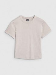 4F T-shirt slim z prążkowanej dzianiny damski - beżowy XL. Brązowe t-shirty 4f, xl, bez wzorów, z bawełny, bez kołnierzyka, bez ramiączek. W wyprzedaży za 39.99 zł.