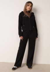 Czarny Komplet Dresowy z Prążkowanej Dzianiny Szerokie Spodnie i Bluza z Kapturem Sinoh. Czarne bluzy Born2be, l, bez wzorów, z dresówki, z kapturem. Za 169.99 zł.