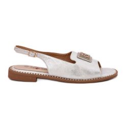 Eleganckie Sandały Damskie Na Płaskim Obcasie Z Ozdobą S.Barski KV51-082 Srebrne srebrny. Szare sandały z aplikacjami, ze skóry, eleganckie, bez obcasa, na płaskiej podeszwie, bez zapięcia. Za 180.71 zł.