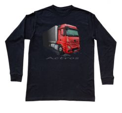 Mercedes-Benz Actros — bluzka z długim rękawem (Rozmiar: XS (dorosła); Kolor koszulki: czarny; Rodzaj nadruku: Mercedes-Benz Actros). Czarne bluzki nikiniki, s, bez wzorów, z bawełny, bez kołnierzyka, bez ramiączek. Za 99.00 zł.