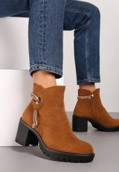 Brązowe Botki na Obcasie z Ozdobnym Cyrkoniowym Sznureczkiem Leresta. Brązowe botki Renee, bez wzorów, z jeansu, bez obcasa, na obcasie, bez zapięcia. Za 129.99 zł.